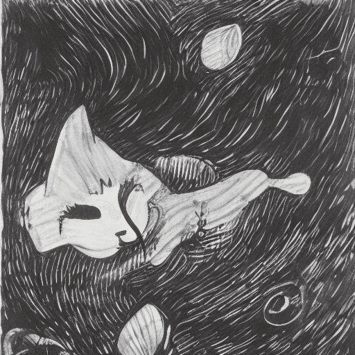 AI generated: Tove Jansson black and white style : : storm, rocks, night, one cat in a kayak : : --hd