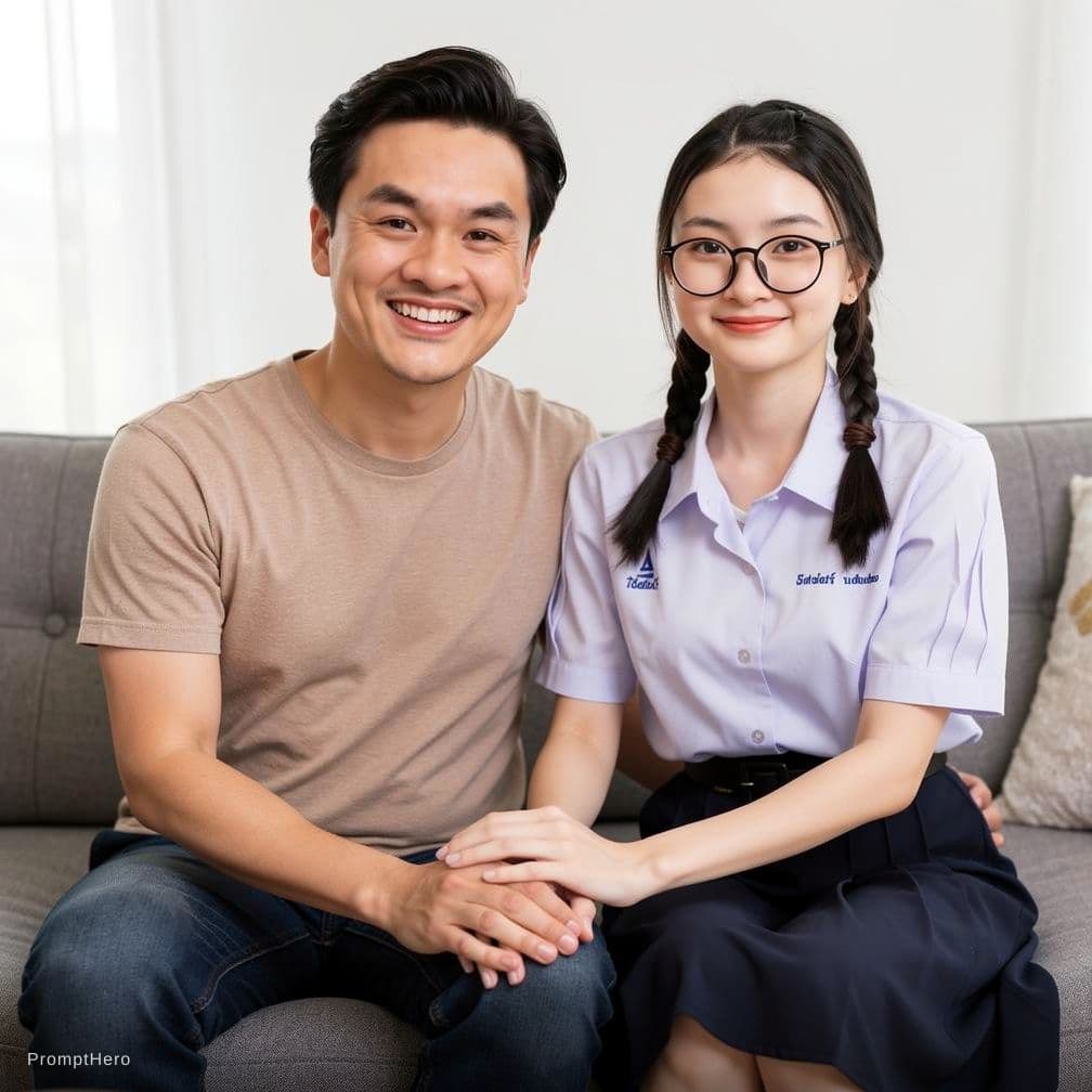 AI generated: On the sofa in the living room, the man in picture A sits astride the woman's lap (picture B).
Their...