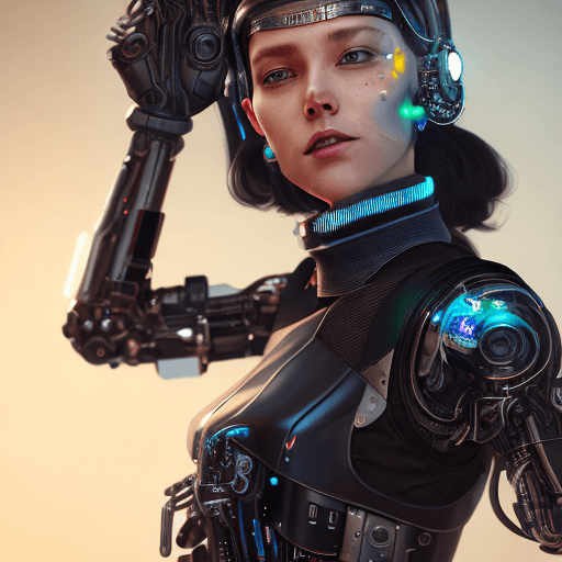 AI generated: A lady who wears all-black attire with a mechanical visor, and hat, cyborg arm, black backpack, Rave...