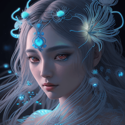 AI generated: close-up portrait of a moon goddess with spider lilies, bioluminescent fantasy creatures, intricate ...