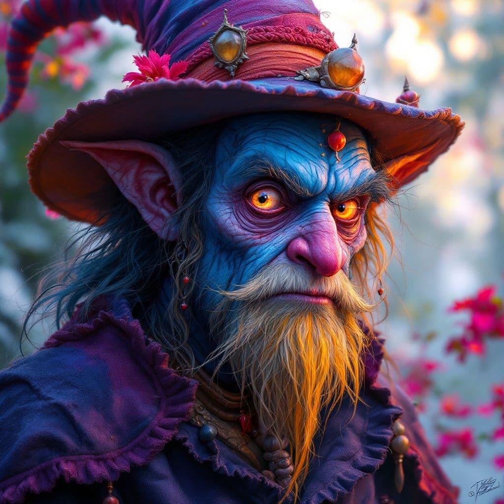 AI generated: A portrait of a folklore character, such as a sly trickster or a benevolent spirit. The style is rem...