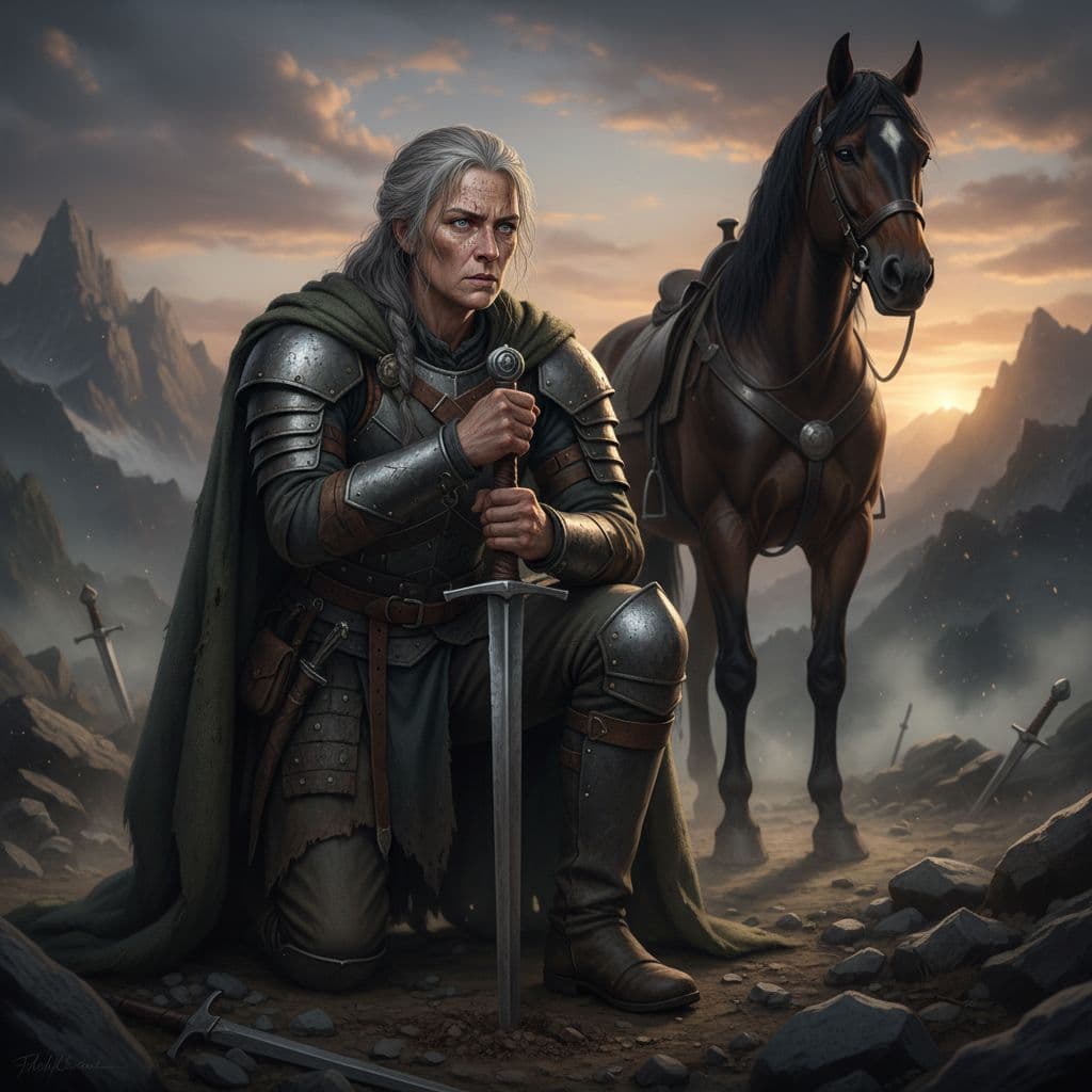 AI generated: grey haired female warrior kneeling with sword, looking tired but determined. Horse in the backgroun...