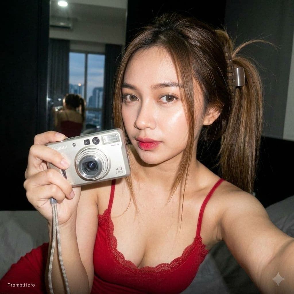 AI generated: { "subject": { "description": "An intimate boudoir-style portrait of an adult woman on a bed, leanin...