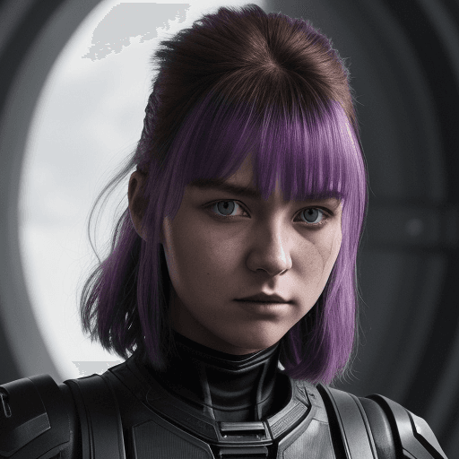 AI generated: sci-fi bild, junge frau, dunkel schwarze schulterlange Haare mit 2 violetten Strähnen, Augenfarbe: d...
