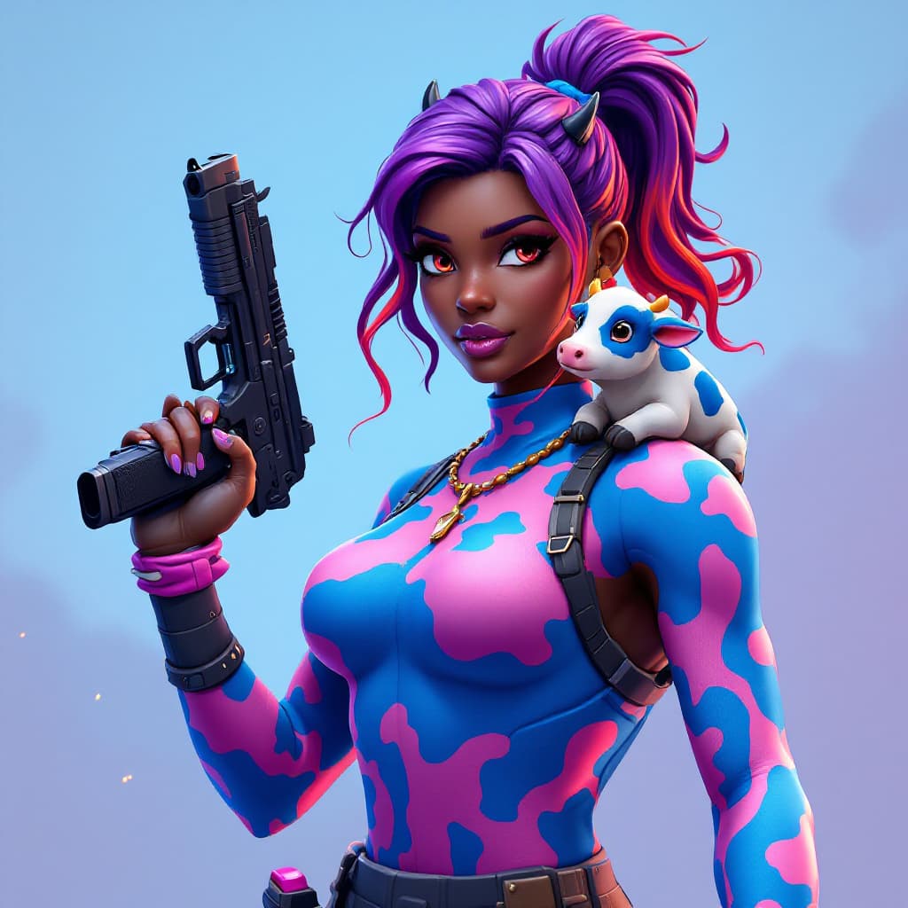 AI generated: Fortnite skin, fortnite battle royal, fortnite action scene, dark skin girl wearing blue and pink co...