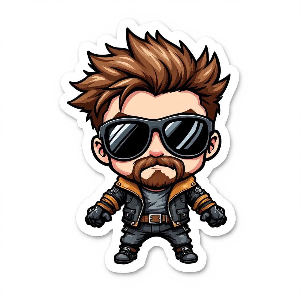 AI generated: ((cute sticker of Biker guy with spiky brown hair, pit viper sunglasses and leather jacket, style ca...