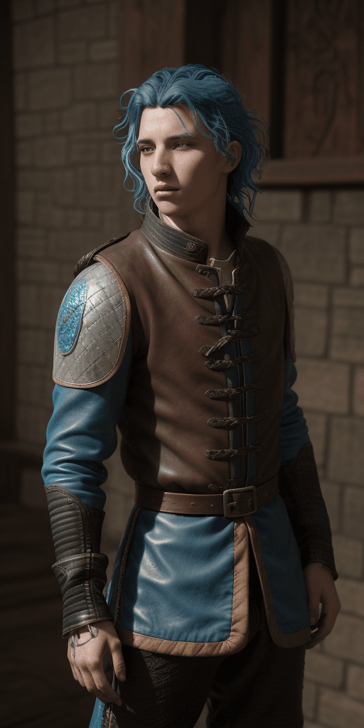 AI generated: wavy blue haired young man, wearing a medieval era clothes and a leather jackets, masterpiece, best ...