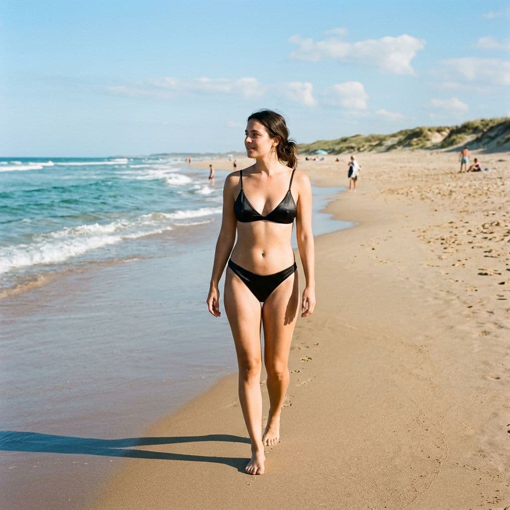 AI generated: wearing satin black shiny bikiny at beach