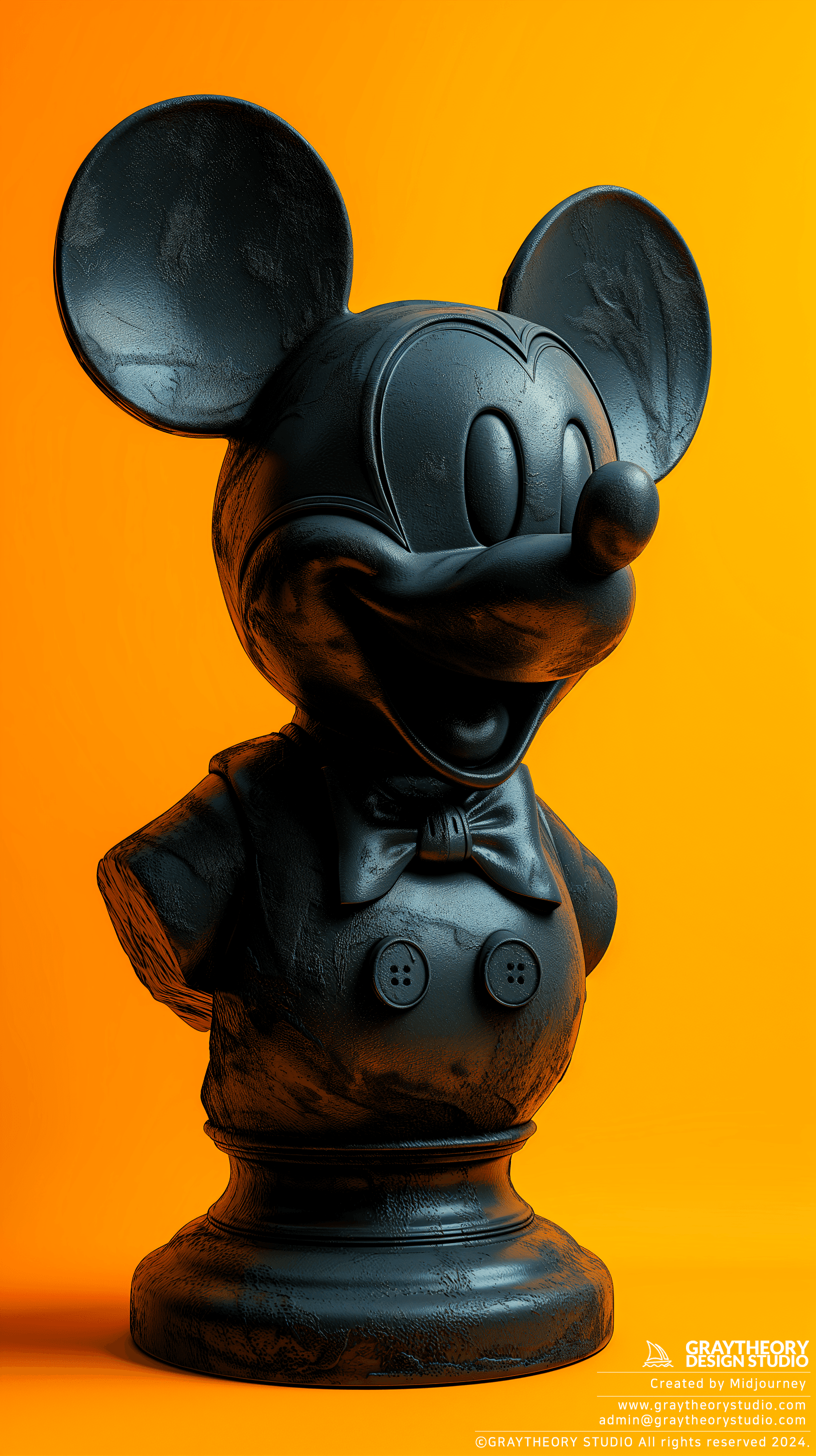 AI generated: bust by Mickey mouse, side view, black color, solid yellow backdrop --ar 9:16
