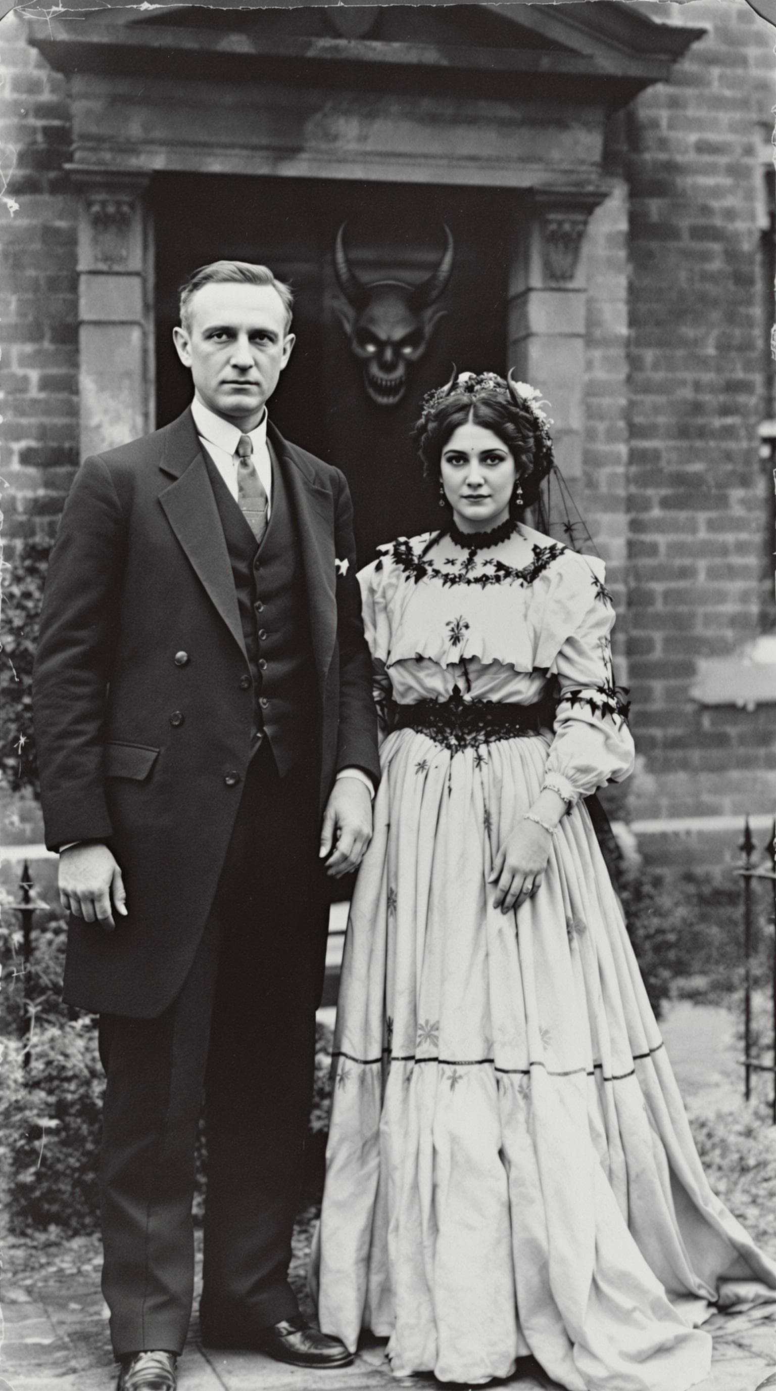 AI generated: Black and white portrait from the year 1890 of a man and his wife stood outside in their victorian h...