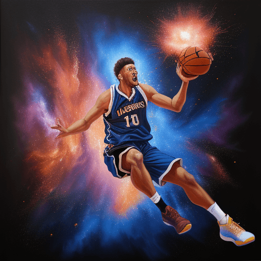 AI generated: an expressive oil painting of a basketball player doing a dunk, depicted as an exploding nebula