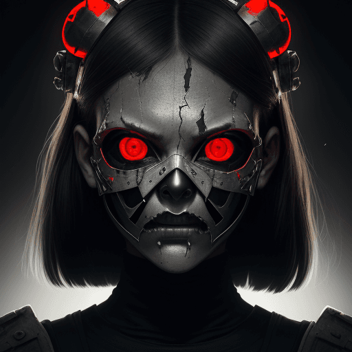 AI generated: portrait of a girl wearing a menacing broken skull mask made from hardened metal, the mask features ...