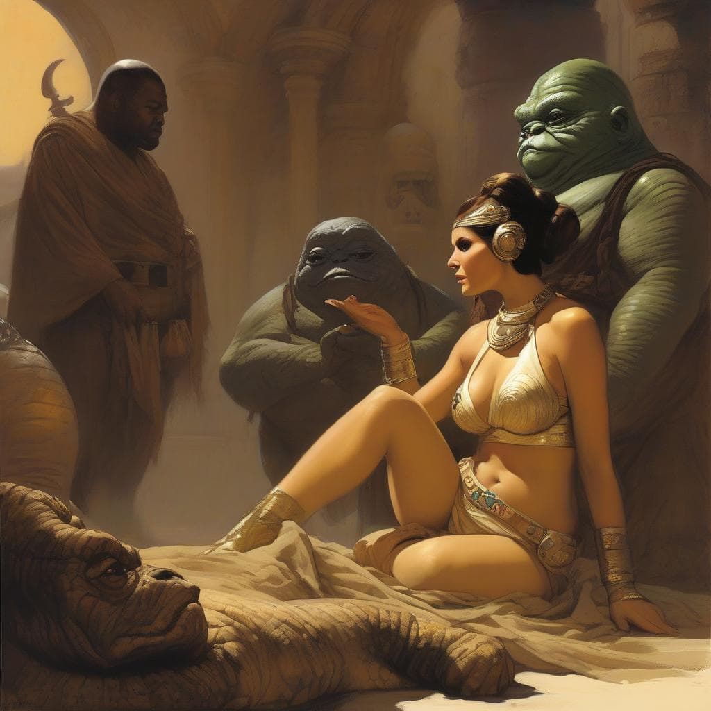 AI generated: (submissive Princess Leia as a harem slave in chains, 1.3) of (Jabba the Hutt, 1.8), style of Frank ...
