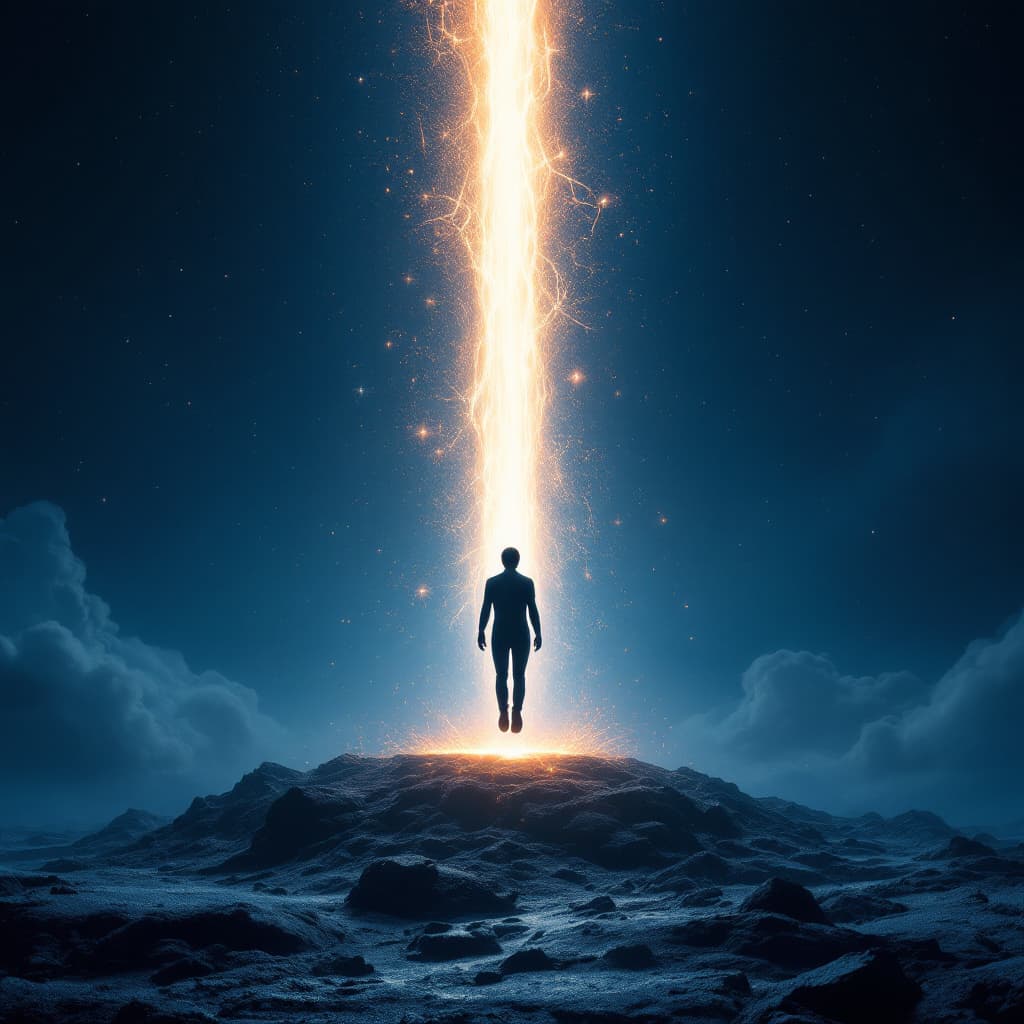 AI generated: a floating person is perforated vertically by an energy beam from the sky, the re-emergence from the...
