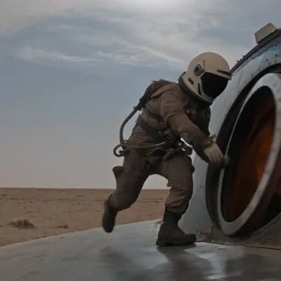 AI generated video: Using a spacesuit, Capa welds through the interior airlock, before opening the exterior airlock; the...