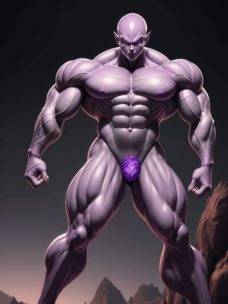 AI generated: Frieza, big muscles and big thighs, in his thirties, Male body, Male model, Fantasy, Expressive eyes...