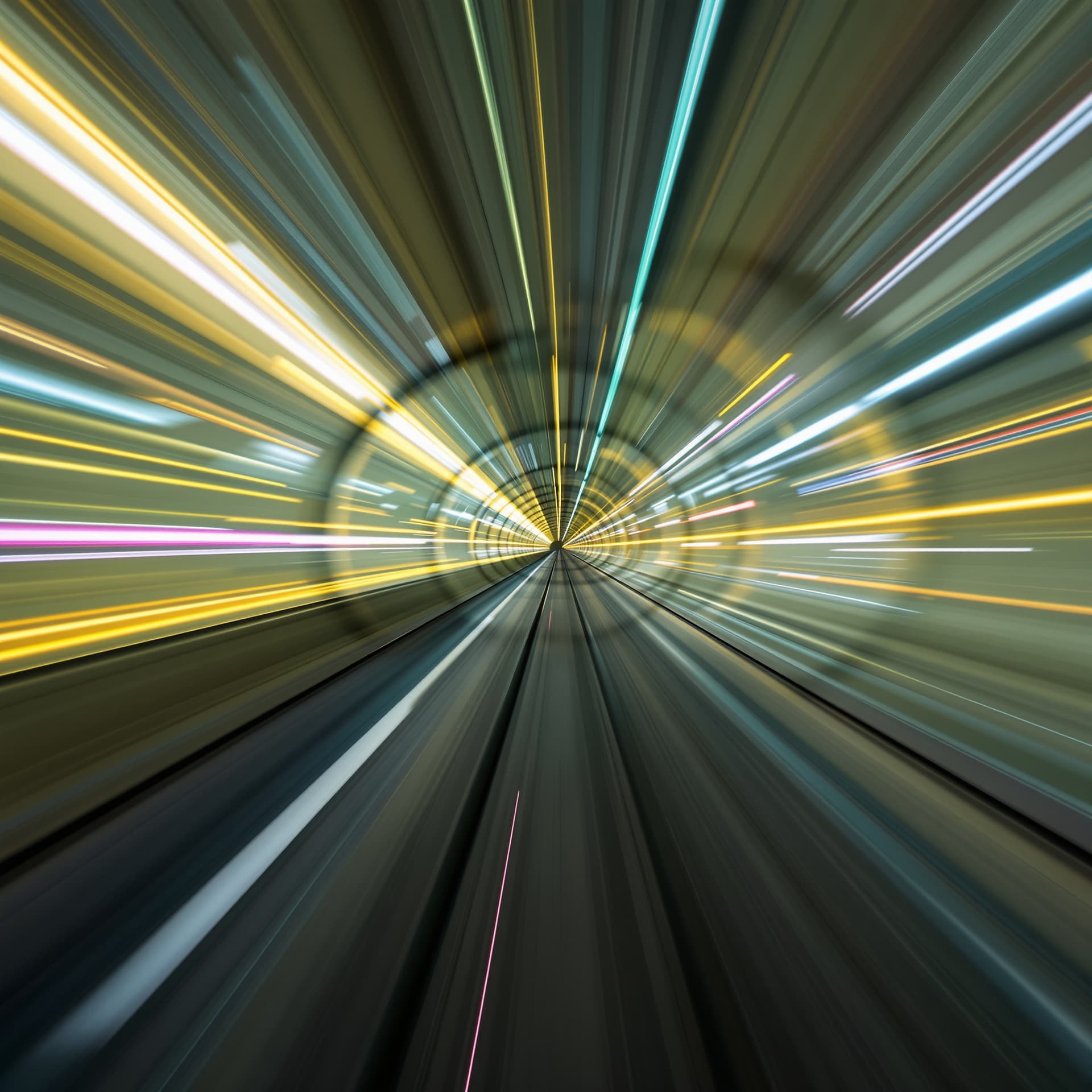 AI generated: futurerstic, tunnel, bright moving lights, long exposure, speed, dynamic, symmetric, details, 