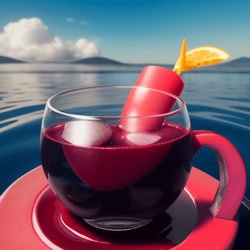 AI generated: una copa de vino tinto  en un bote flotando en el aire
entre las nubes 