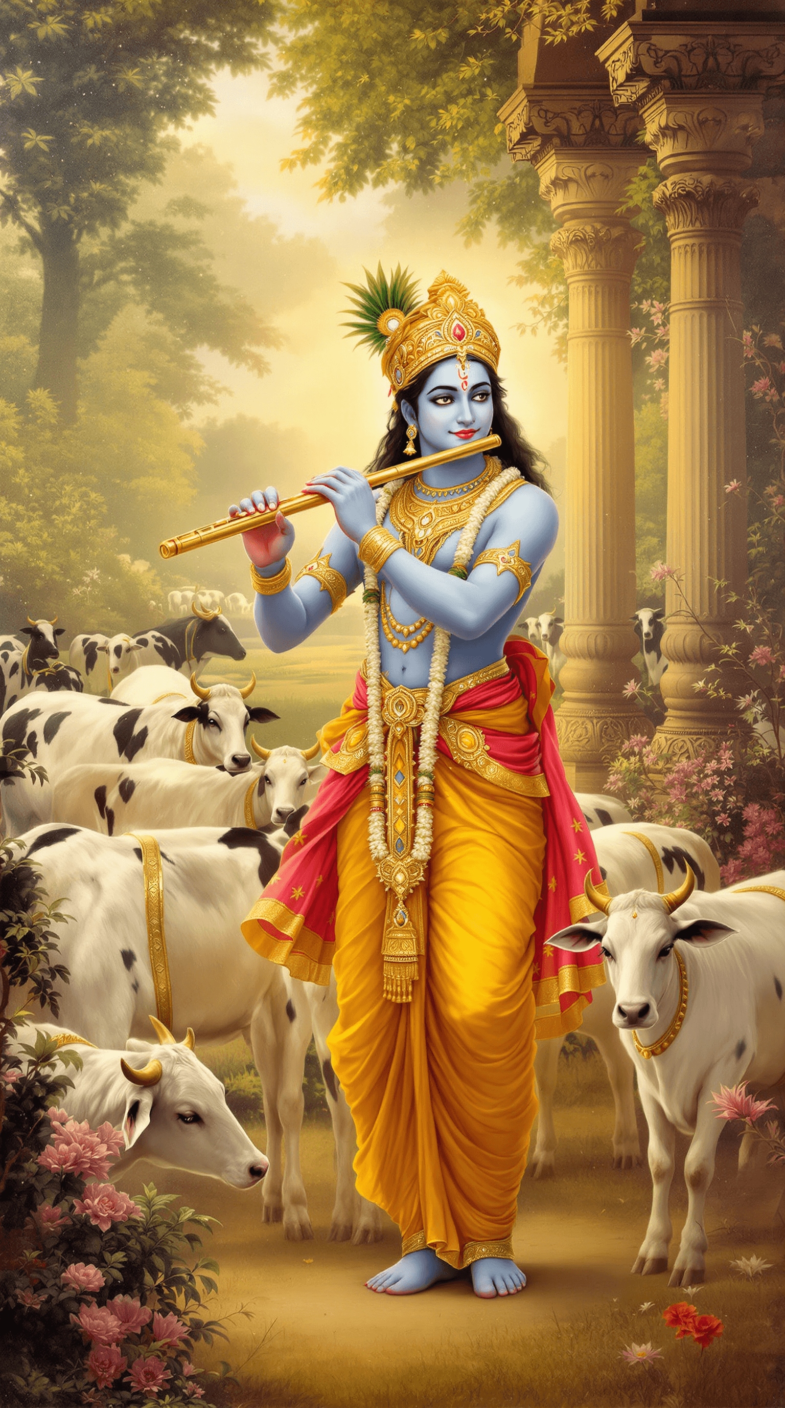 AI generated: A dreamlike, traditional Indian painting portraying Lord Krishna with a serene and compassionate exp...
