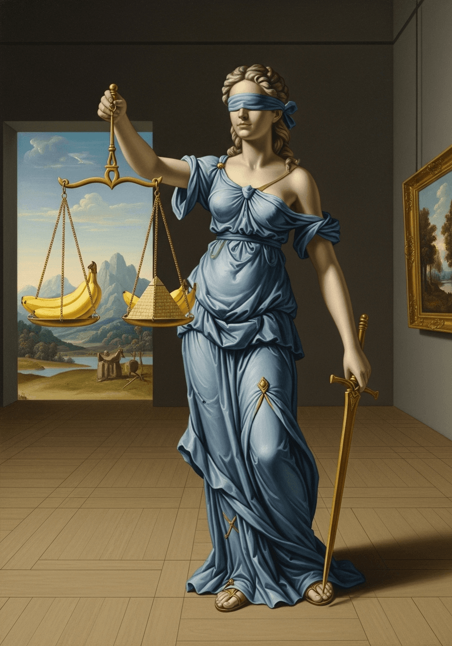 AI generated: A painting in the collaborative style of Joos de Momper and Pieter Jans Saenredam. Lady Justice stan...