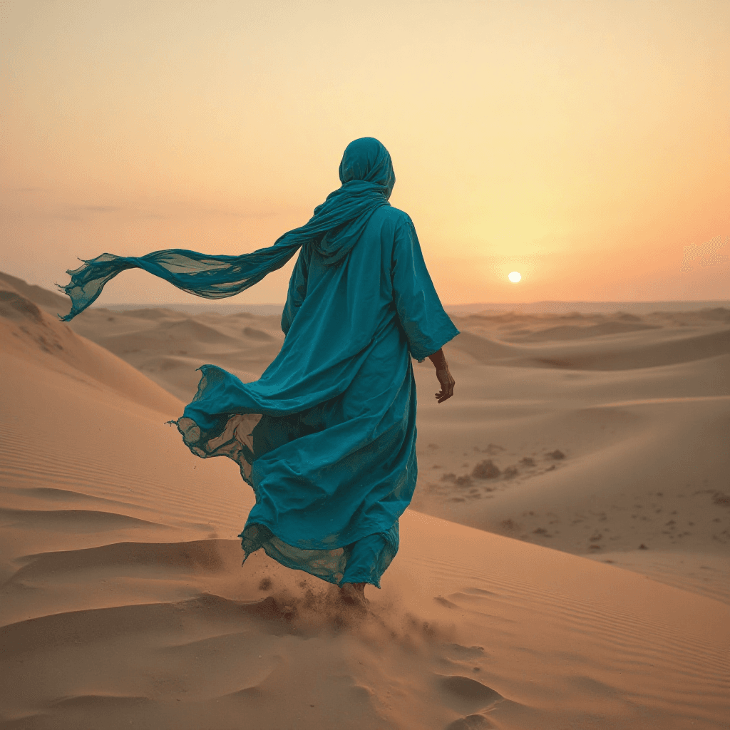 AI generated: Wind-swept dune sea at dawn::1.3  
solitary nomad in flowing cerulean robes::1.4  
silk scarf stre...