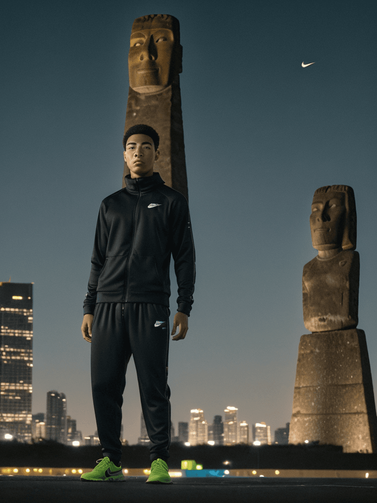 AI generated: young man moai head using nike tracksuit, night time, big full moon above the city lights in the bac...