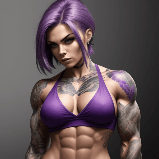 AI generated: muscular woman, tattoos, purple hair