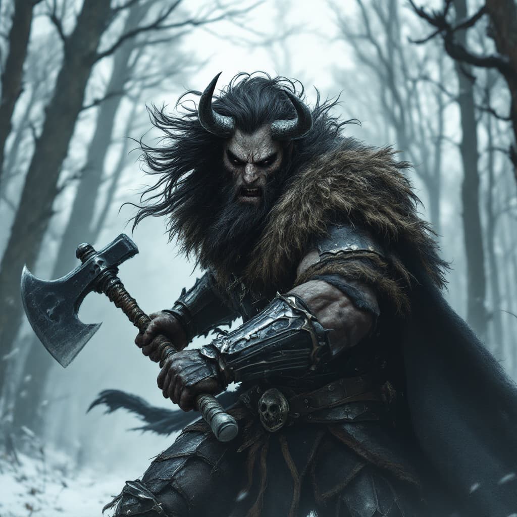 AI generated: A minotaur barbarian warrior, sheathed in battered black chrome armor, charges forward in the midst ...