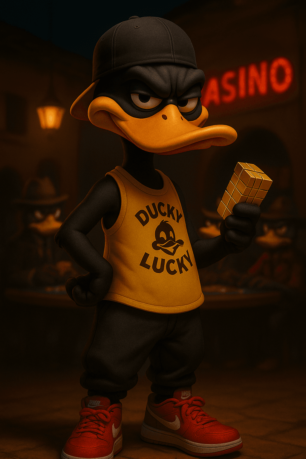 AI generated: Stylized 3D portrait in iPhone 16 Pro format (9:16) of a character [pato lucas]. Standing, confident...