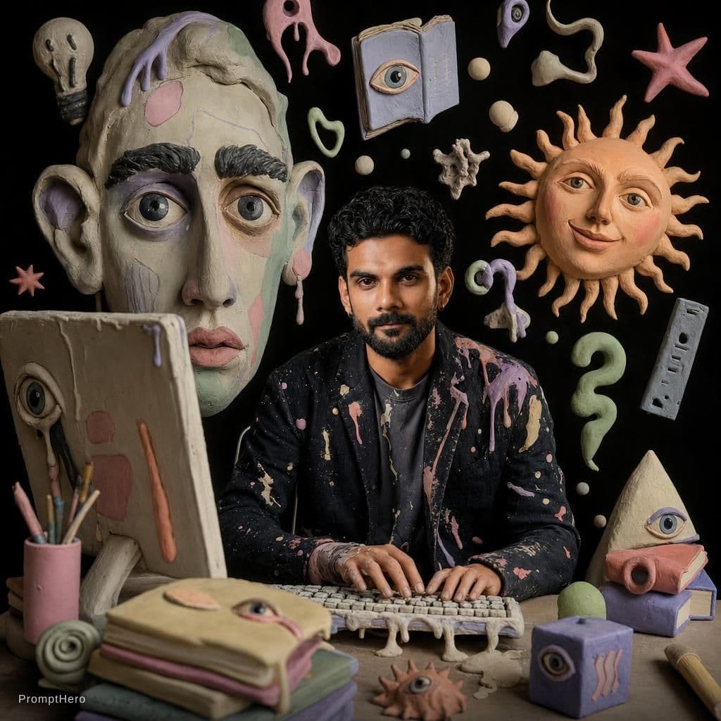 AI generated: surreal editorial composition, hyperrealistic human mixed with handmade plasticine sculptures, tacti...