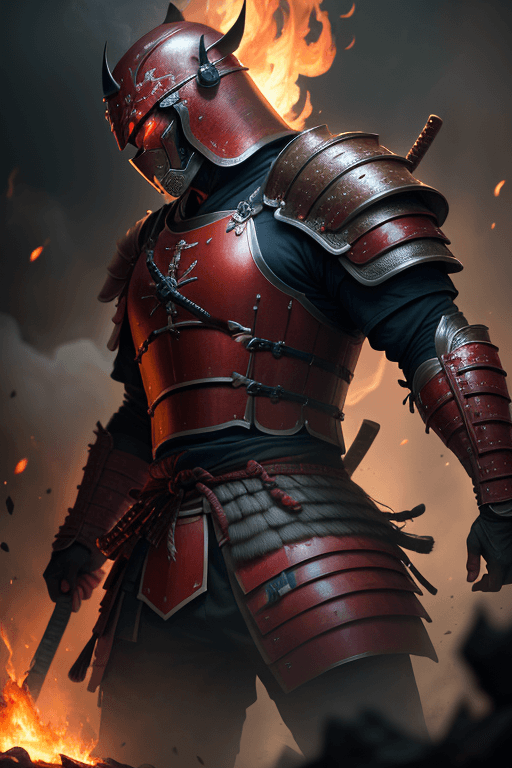 AI generated: close up of a brutal samurai warrior, damaged red and black armor, samurai kabuto helmet, intricate,...