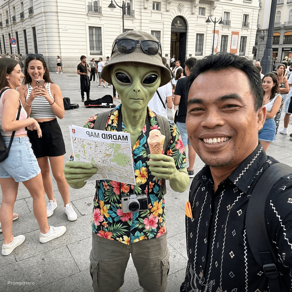 AI generated: An iPhone POV video shot in downtown Madrid, Spain—near Puerta del Sol. A man with a face like the o...
