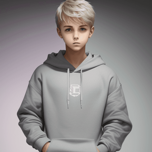 AI generated: an biege background with a boy in the middle dark waring pastel grey hoodie and pygammas hangn a sch...