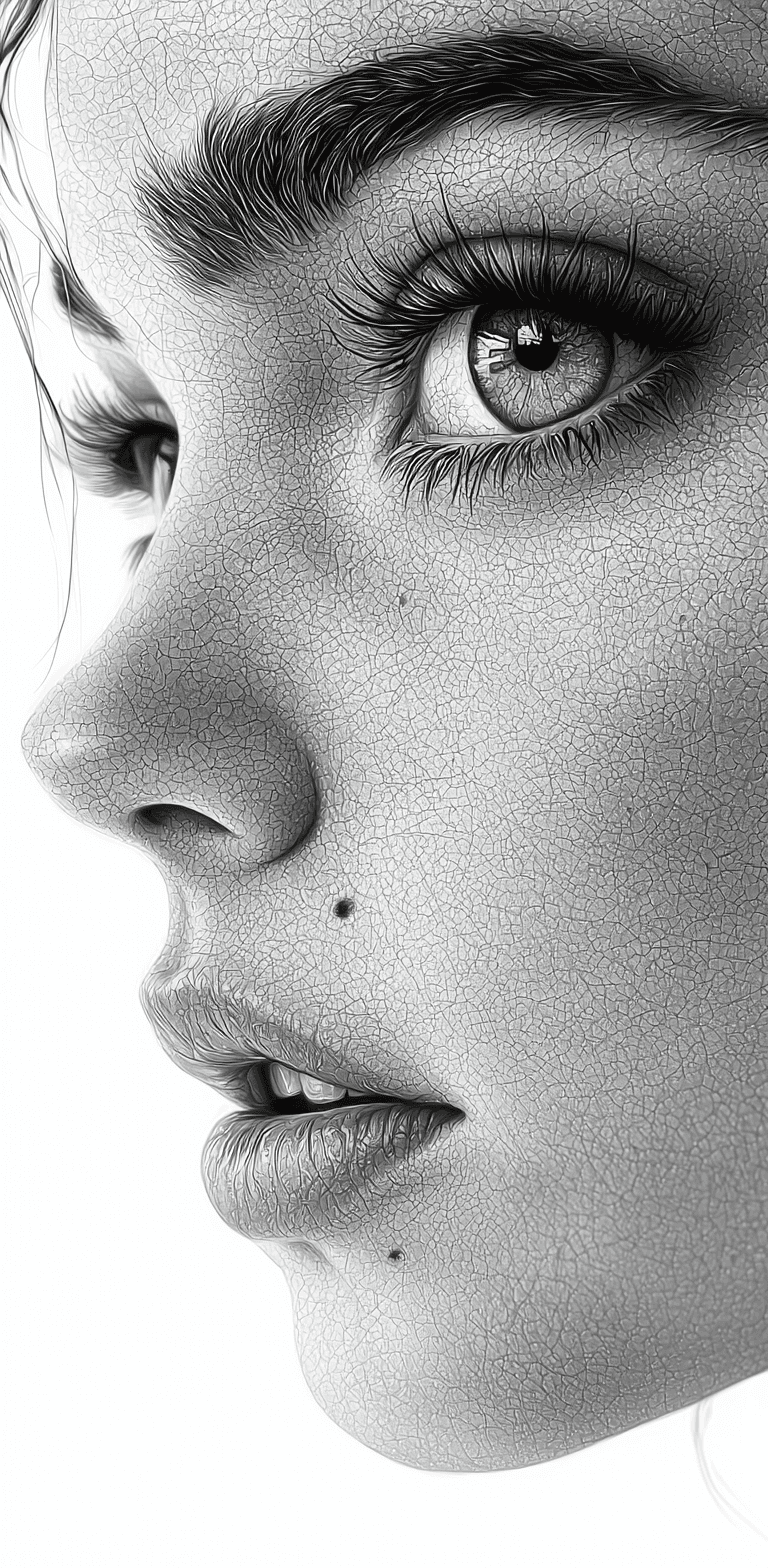 AI generated: a black and white drawing of a woman's face, daz3d, blink-and-you-miss-it detail, emotional landscap...