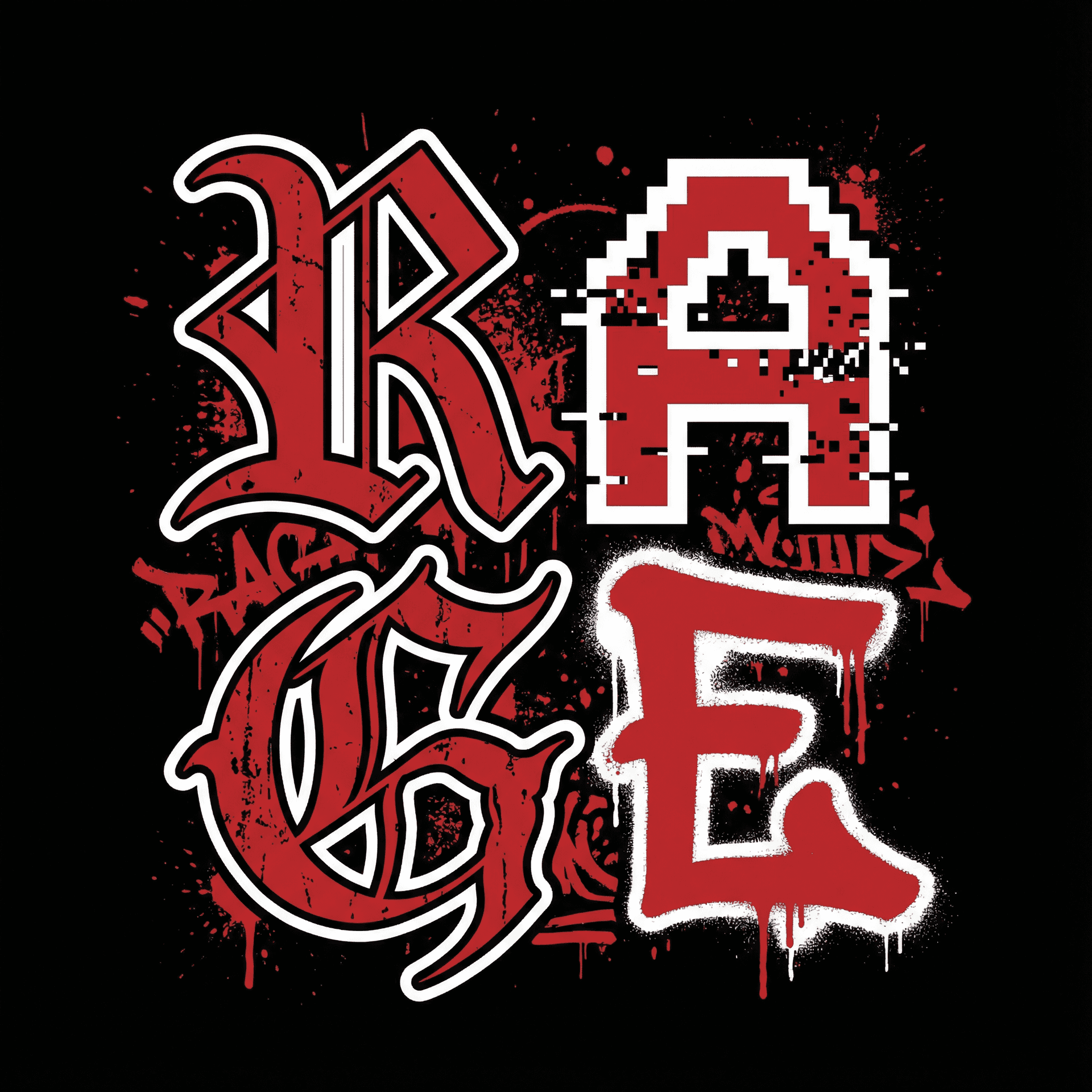 AI generated: A high-resolution streetwear graphic design of the word "RAGE" in a discordant, chaotic typography s...