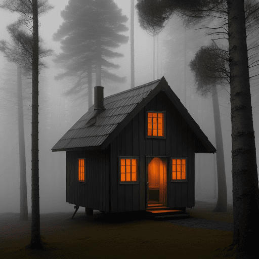 AI generated: Small Wooden House in the middle of a moody forest in sweden, foggy