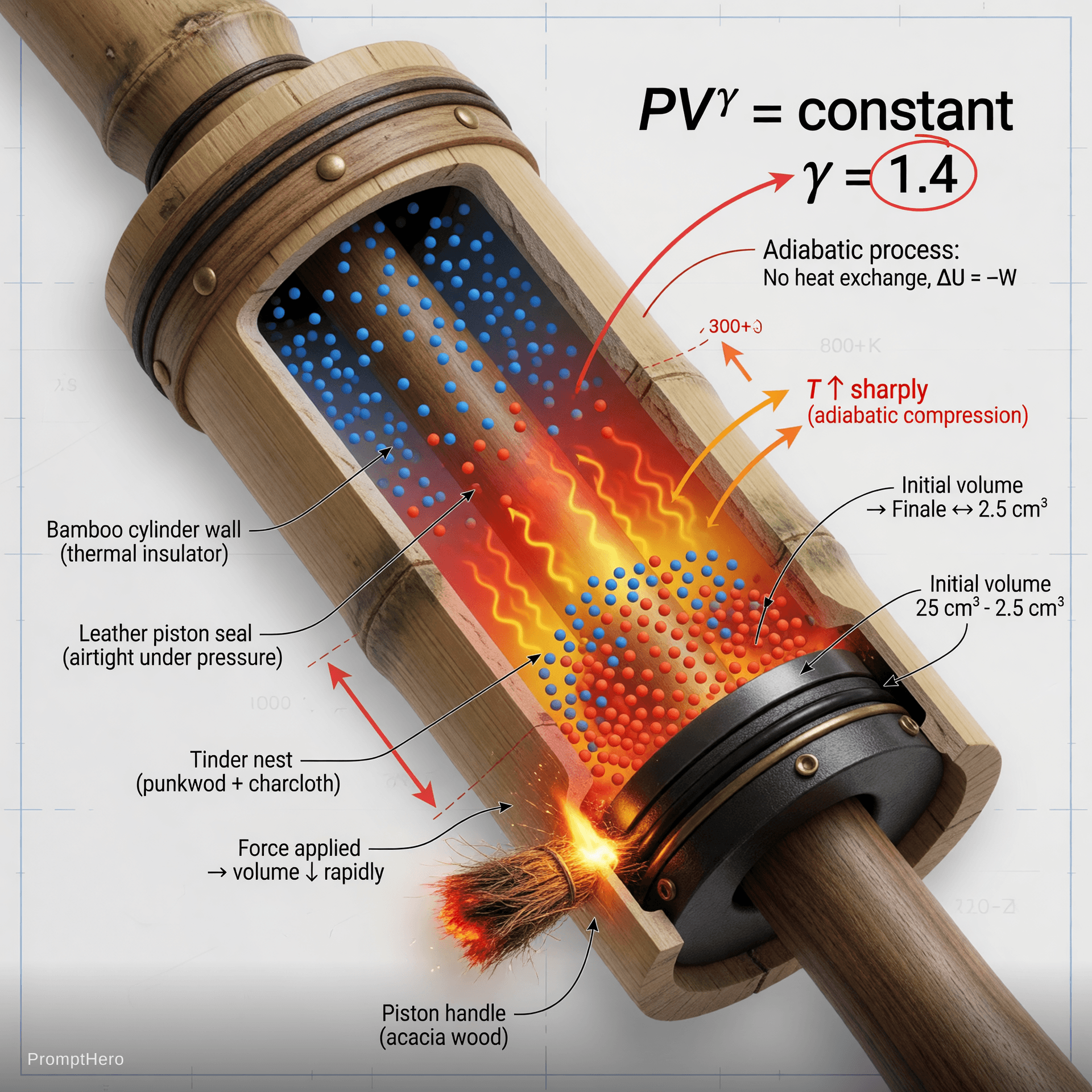 AI generated: Spectacular technical cross-section close-up of a fire piston during compression, scientific enginee...