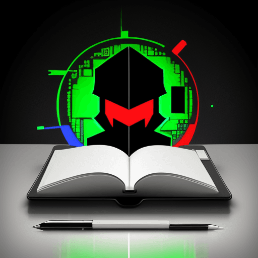 AI generated: logo of company, picture of notebook y hackers ,color red,green,white,black