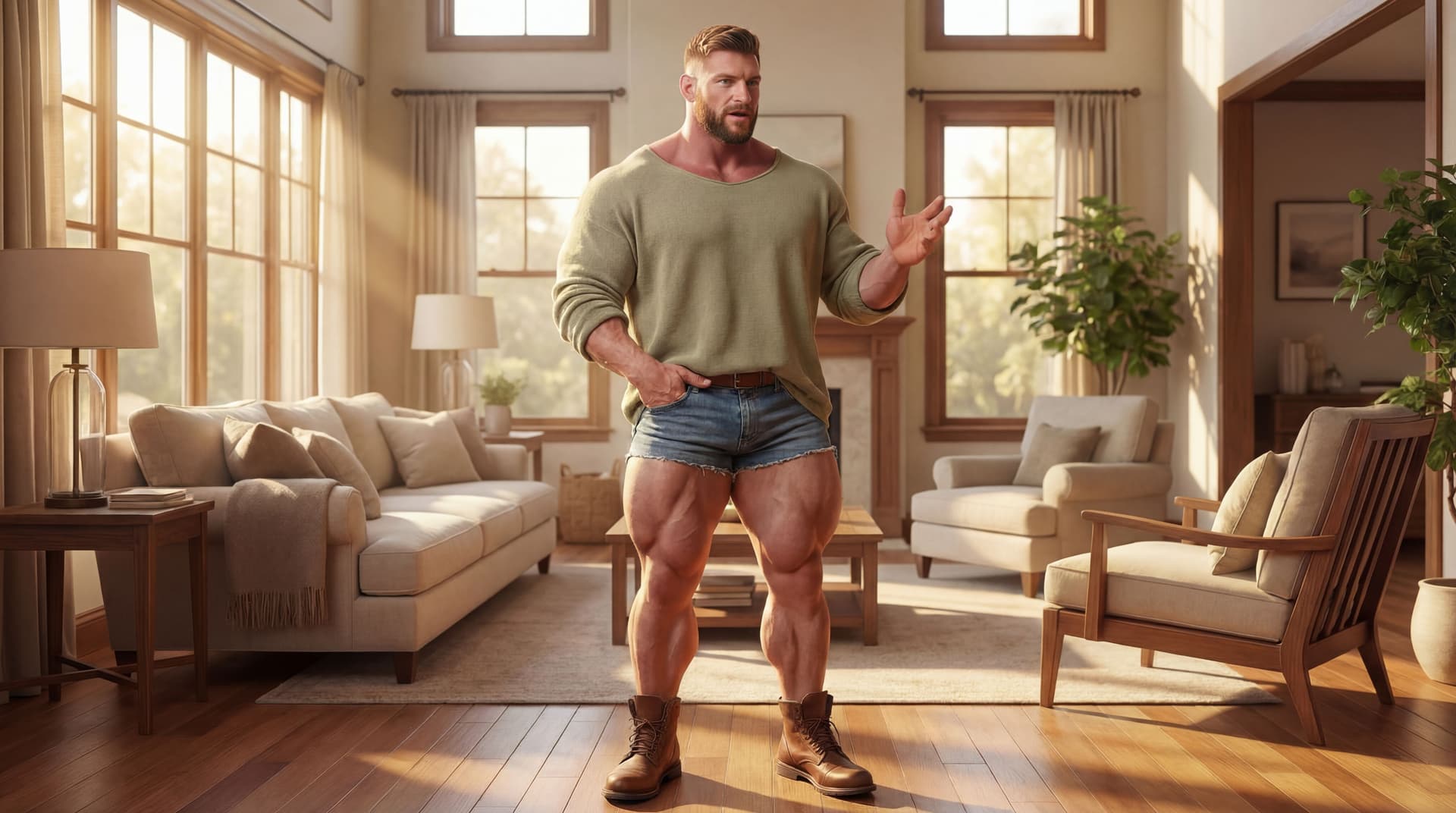 AI generated: The model has one hand on his pocket. He is expressing conversation with the other hand. 