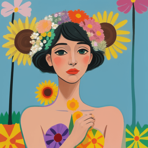 AI generated: commercial illustration of a woman dressed in flowers with flowers in her hair, in the style of cubi...