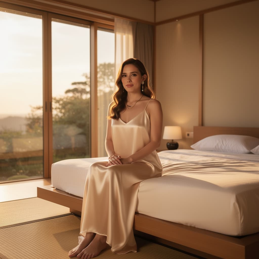AI generated: In a tranquil minimalist bedroom, a poised woman sits on a low modern platform bed, serene and self ...