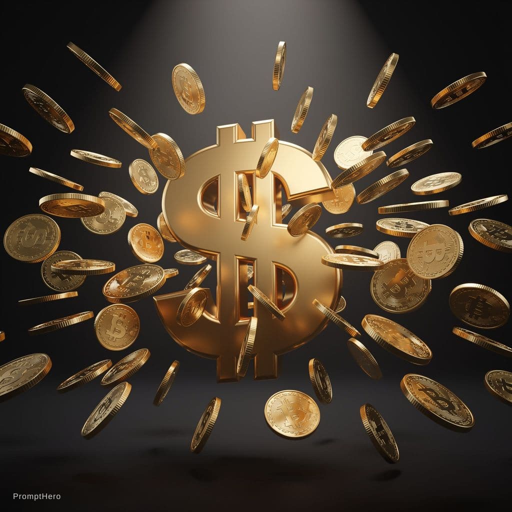 AI generated: A powerful, golden magnet sculpted into a dollar sign dominates the center of the composition, its s...