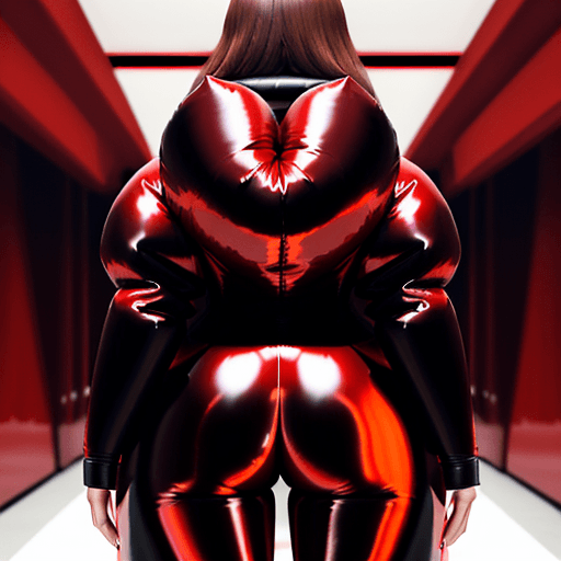 AI generated: an european woman with brown hair in a very puffy shiny red down-filled very long closed coat with a...