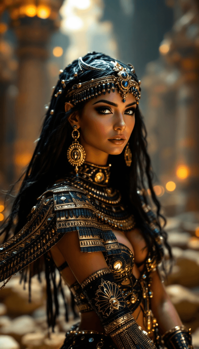AI generated: cleopatra, babe, egypt, temple, fantasy, beautifull glamour egypt queen armor and tiara with extrem ...