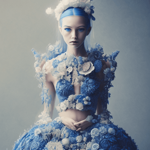 AI generated: woman dressed in a dress with blue and white prints, in the style of delicate details, oshare kei, b...