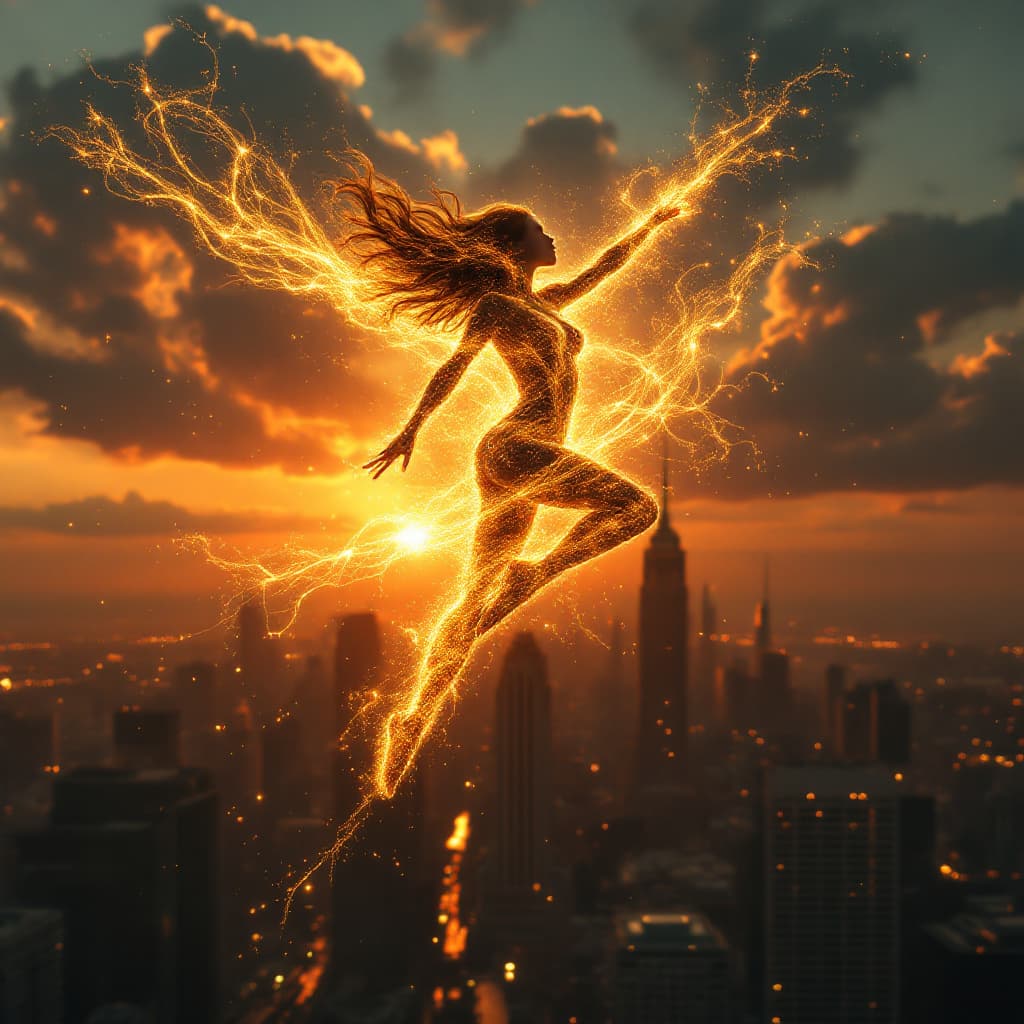 AI generated: A radiant woman with golden, solar-flare-inspired energy radiating from her body leaps mid-air, her ...