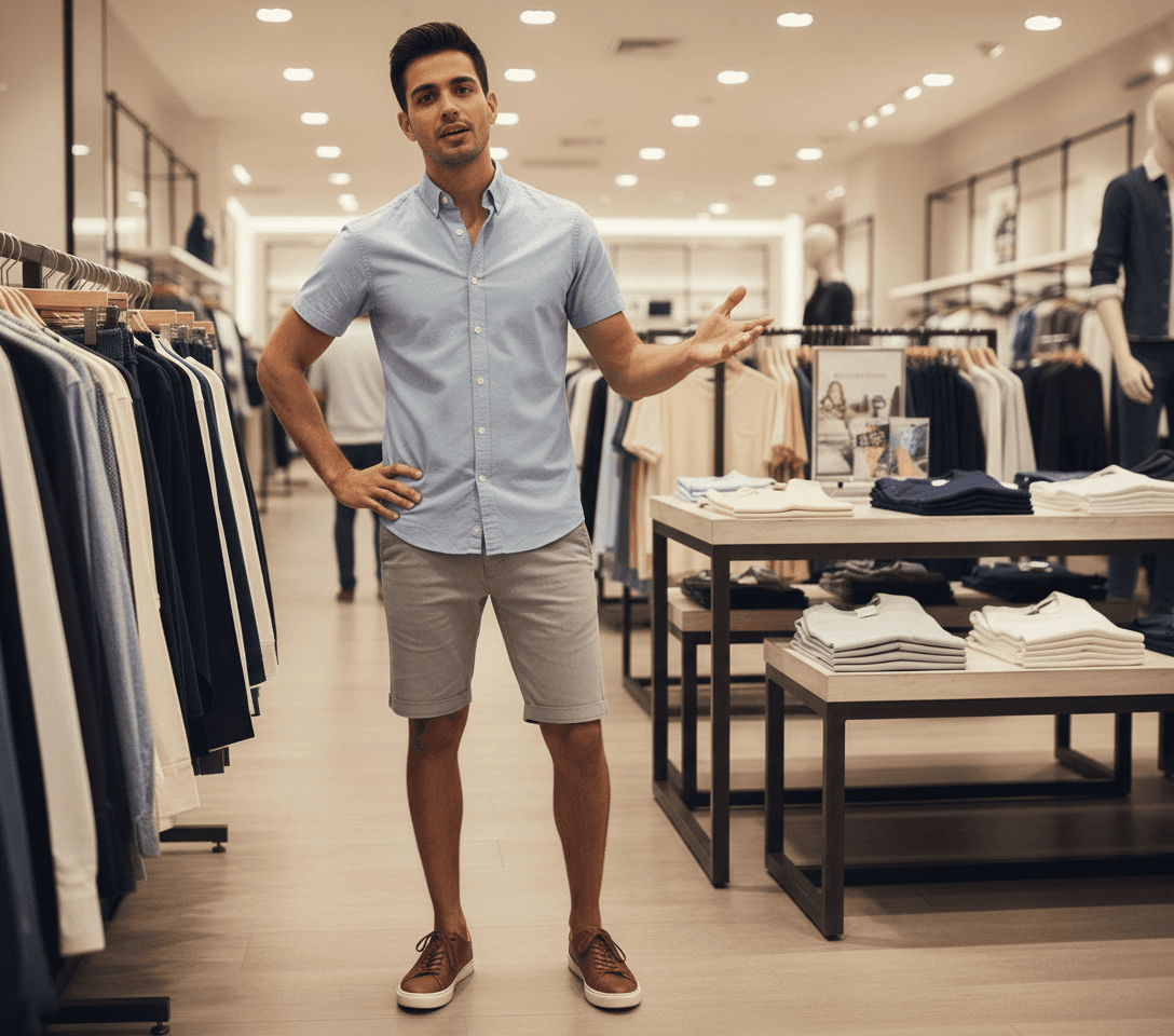 AI generated: The Hispanic male has one hand on his waist, the other is expressing conversation. He is talking. 