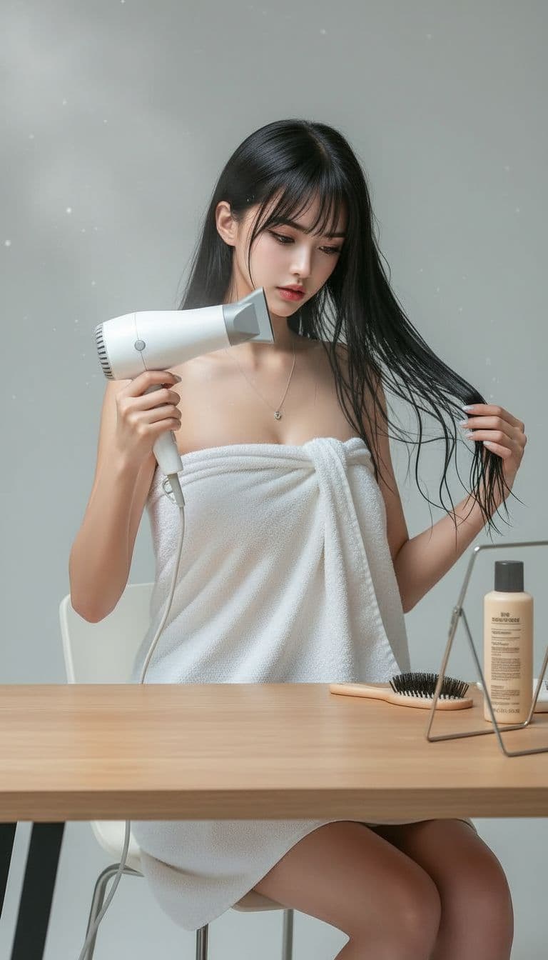 AI generated: The girl just finished taking a shower and sat at the desk. Her hair was soaking wet and she was usi...