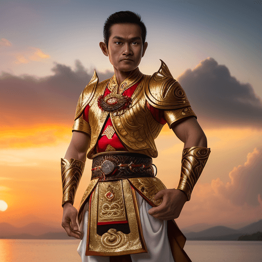 AI generated: photo of "Gatot Kaca" Indonesian Javanese hero, complete with typical Javanese traditional clothing,...
