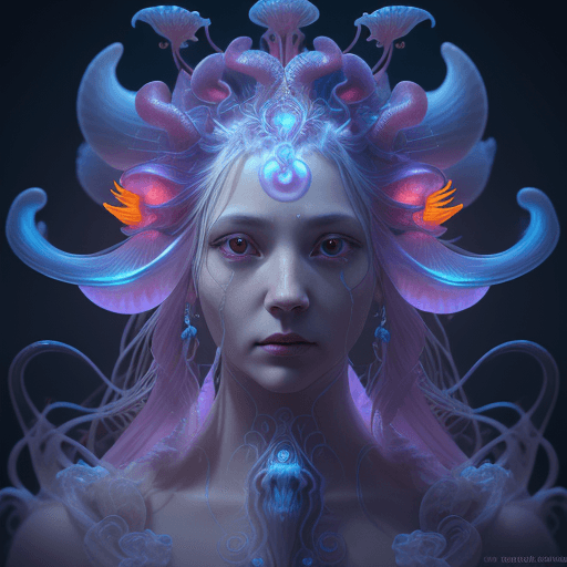 AI generated: Goddess close-up portrait ribcagel. jellyfish phoenix head, nautilus, orchid, skull, betta fish, bio...